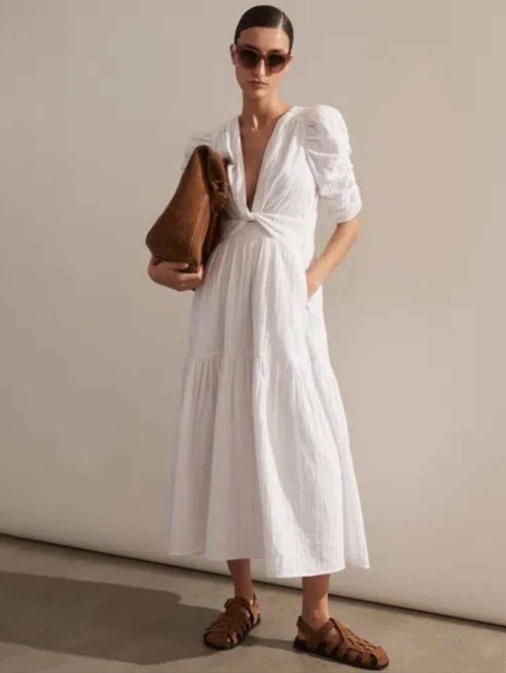 ME + EM Cheesecloth Gathered Sleeve Maxi Dress White Women's Size 10 Pockets